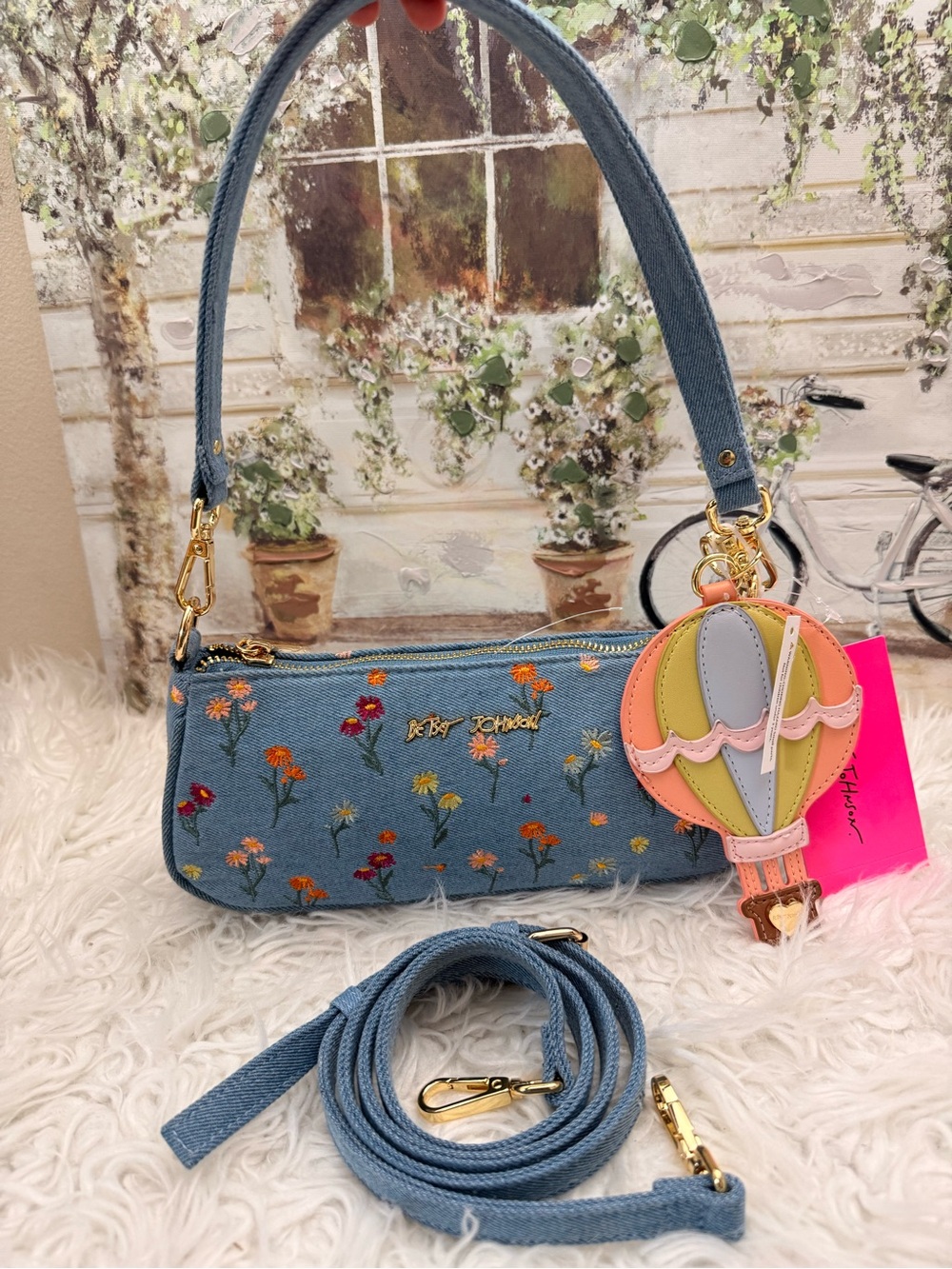 Betsey Johnson Blue Denim Mini Shoulder Bag with Multicolor Floral Embroidery